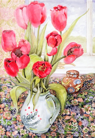 Tulips in a Rye Jug by Joan Thewsey